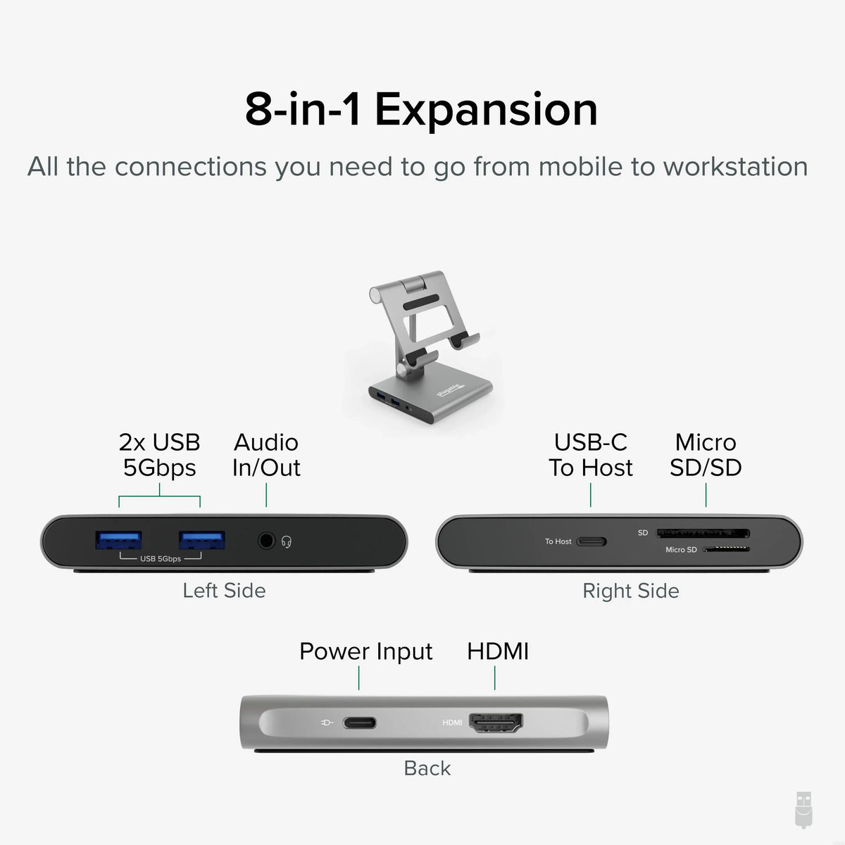 100W 8-in-1 Windows, iPad USB-C Phones, with USB for USB-C Charging Pass-through C iPadOS, and USB, Station Tablets HDMI, Docking Compatible 1x Plugable Stand, SD, Audio, and 2x with Hub,