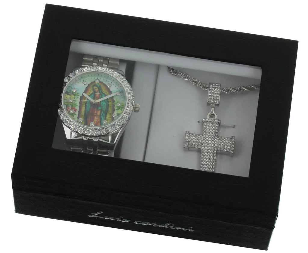 Cross Pendent of Metal Watch Bracelet Neckless with Silver-Tone Lady and Set Men's Our Guadalupe