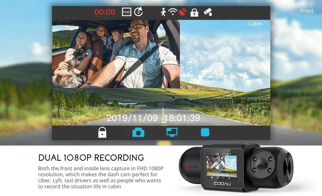 Parking Supercapacitor, Dash Camera Built-in Recorder LEDsG-Sensor, (D30) Inside Recording Wi-Fi Vision, with Front FHD IR 1080P and Sensor, Car Loop Infrared Cam, Night Uber Dual 4 Mode, GPS