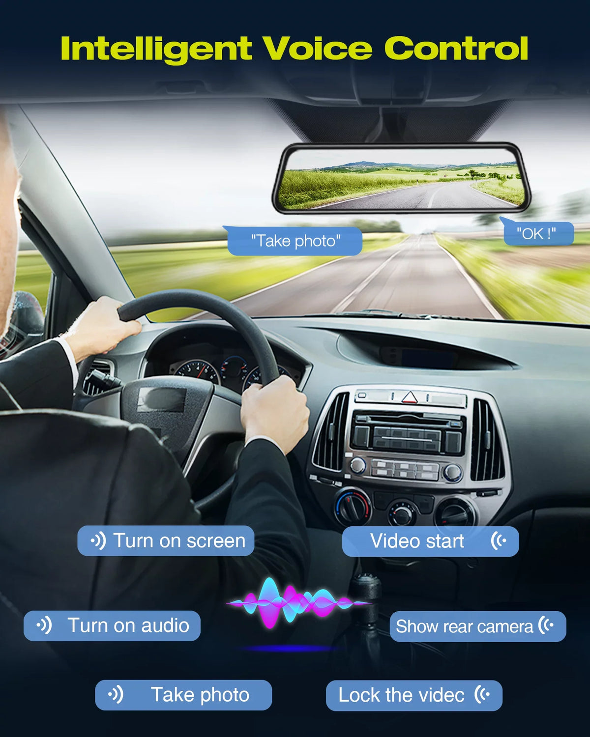 Touch Dash Camera, Parking Car, Assist, 1080P for Voice Screen Mirror Waterproof Recording, Backup 10" Cam Dash 4K Full LAMTTO Loop G-Sensor Control Reverse Camera,