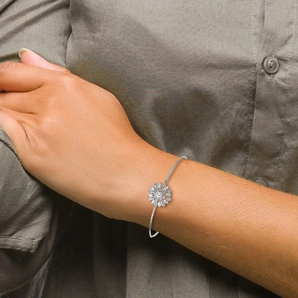 Rhodium-plated Bracelet Bolo Silver CZ Floral Sterling for Auriga Women Adjustable 925