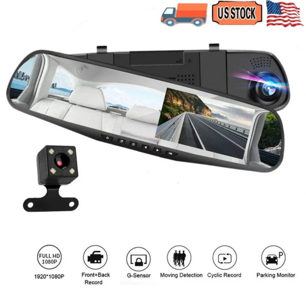 Rear Rearview Cam Car Car Lens Monitor, 4.3" Front Dash Motion Cars Parking Trucks, Night Camera G-sensor, 170°Wide Cam Monitor, Detection Dual Mirror Vision, 1080P Angle DVR for