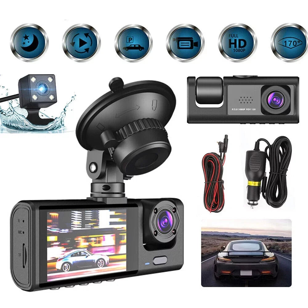 Front/Rear/Inside Lens Dual Car G-sensor Video HD Camera 1080P Kqiang Dash Recorder Cam