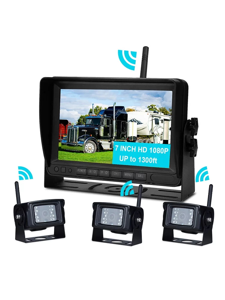 Kit 1080P for Camera 7" Truck Rear Trailer 3CH Wireless Backup View Display AHD
