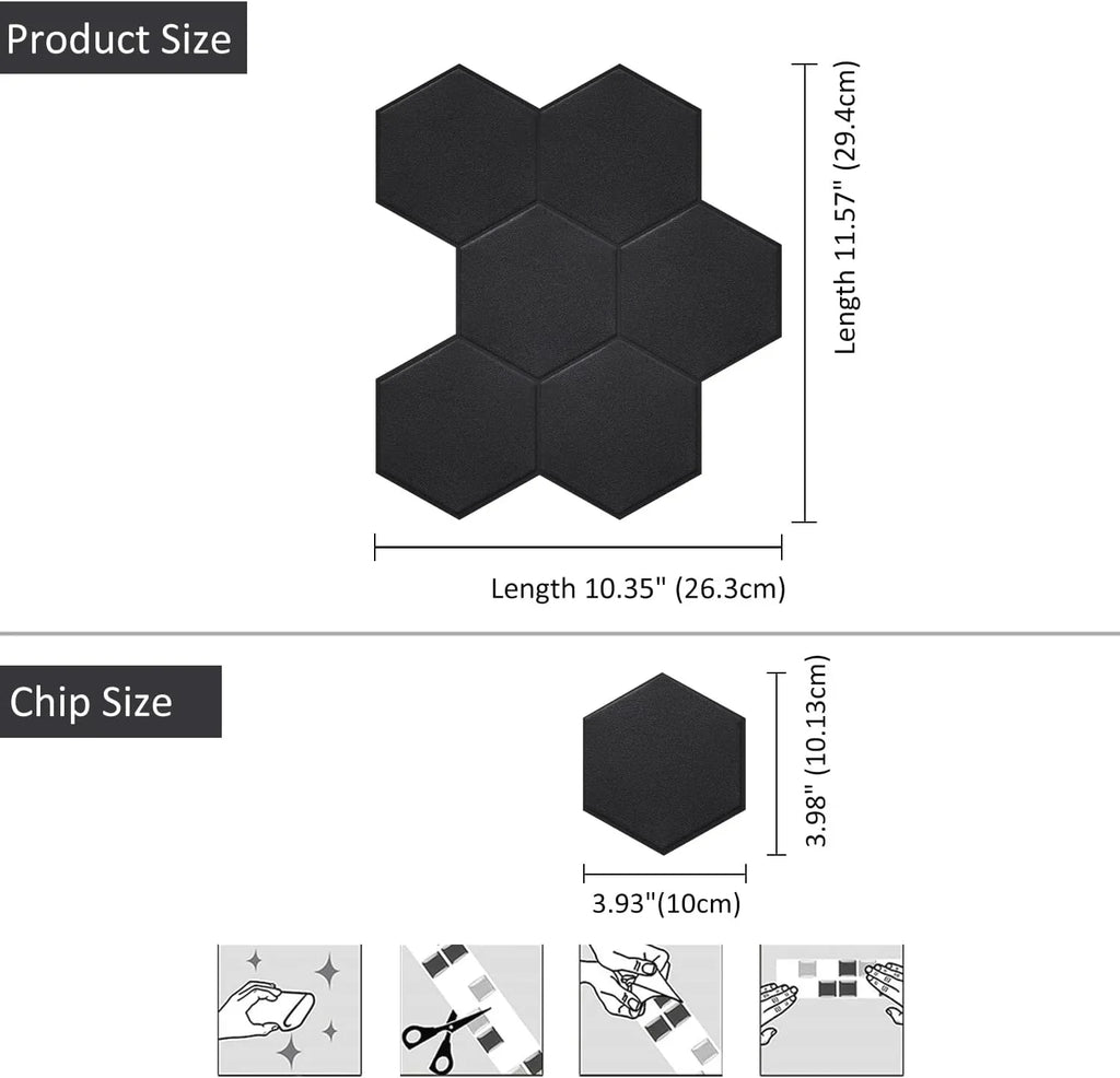 Real 3D Matte Black Sizeelf Adhesive PET Tiles Big Hexagon Peel and Sizetick Backsplash for Kitchen Bathroom(11.57''x10.35'',10-Sizeheet)