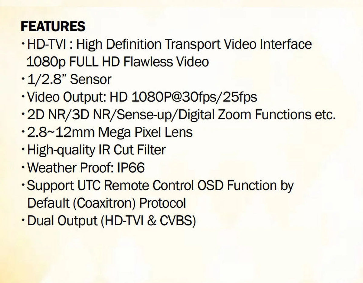 Bullet IR exterior 12V 42 LED Camera, DC, 2MP HD-TVI Sense-up Eyemax TIR-1412V-W 2.8-12mm,