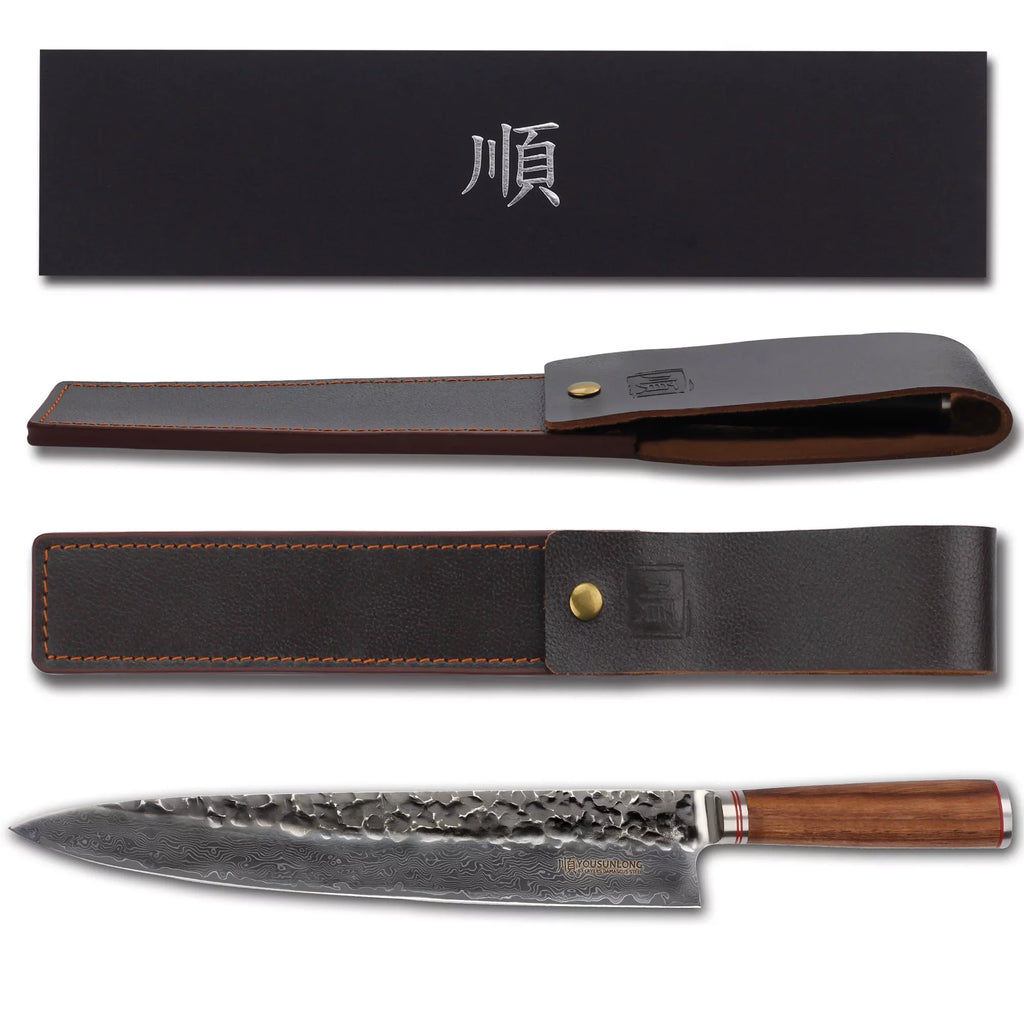 Wooden Sheath Leather inch Walnut Handle Knife YOUSUNLONG 12 Japanese Damascus Hammered Pro Steel Chef with - Gyuto Natural