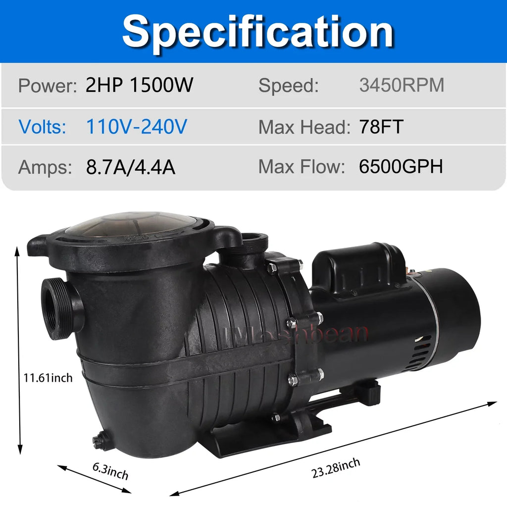 Above Ground Single Pool Head Speed Pump NPT Pools, Swimming and 2HP For Above Pump 6500GPH, 110V-230V, Motor, w/ Ground, Strainer 78FT, Pool Max Inground Connector & Swimming Basket iMeshbean
