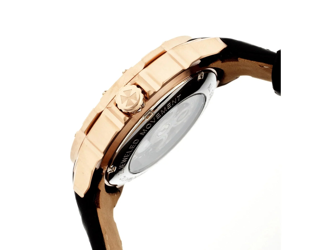 Leather Heritor Dial Men's Rose Watch HR2506 Gold-tone Skeleton Black Steel Stainless Case Carter Black