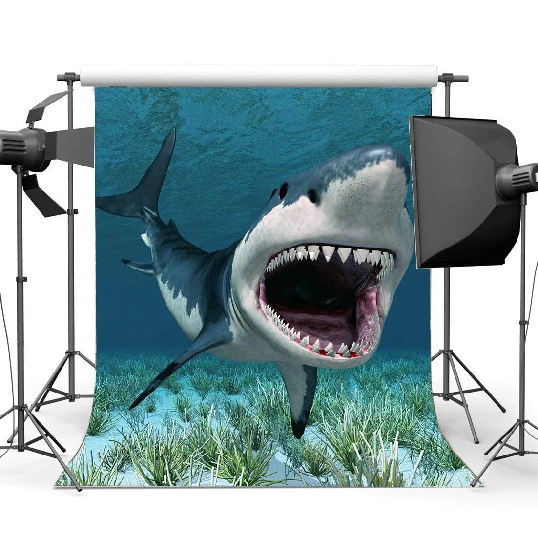 Party Backdrop Girls World Photo Baby Birthday Décor Shark Aquarium Ocean Underwater ABPHOTO Boys Cartoon Photography Props Shower 5x7ft Happy Sailing Grass Studio Green for Polyester Background