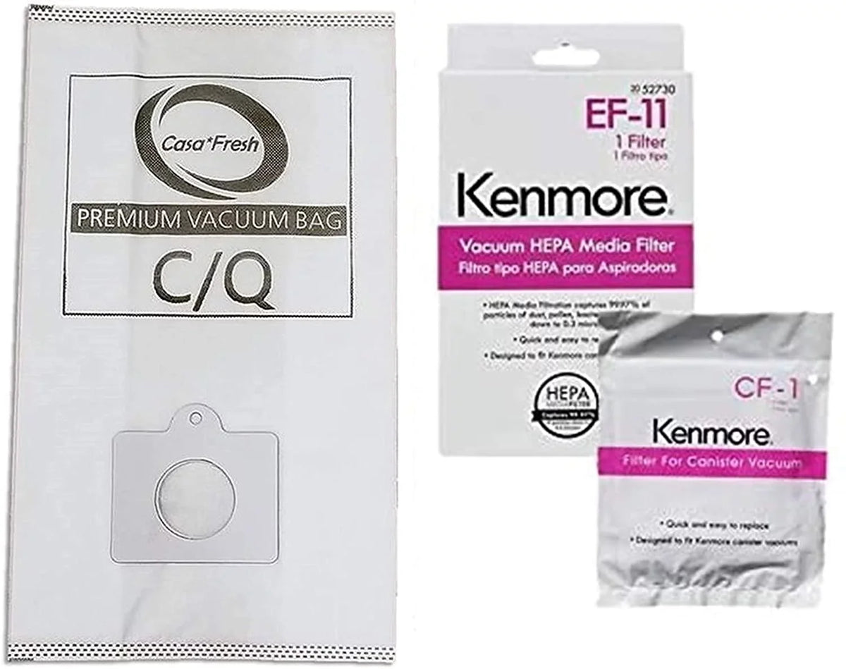 1 52370, 50104, C/Q, 600 81614 Cloth Kit. 6 50558, #'s Bags PowerMate. Casa 5055, 81002 Part Canister with 1 Kenmore Series Compatible + EF-11 Bagged w/Pet CF 1. Replaces + Vacuums Vacuum