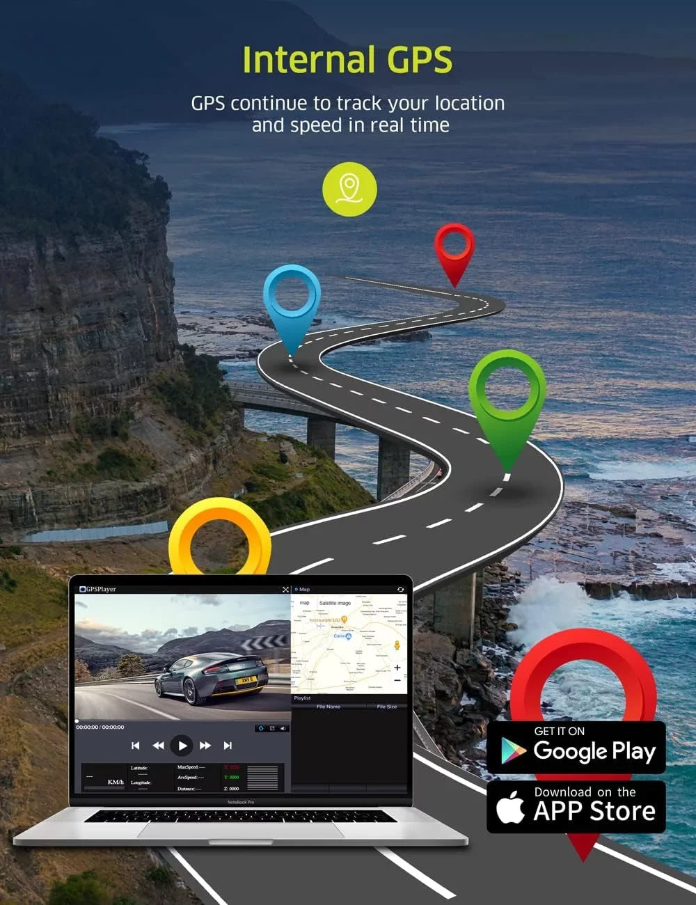 WiFi Vision Card Car GPS TOGUARD IR Cam, UHD Camera and Night Inside 4K Dash Dash Camera with Front 64GB