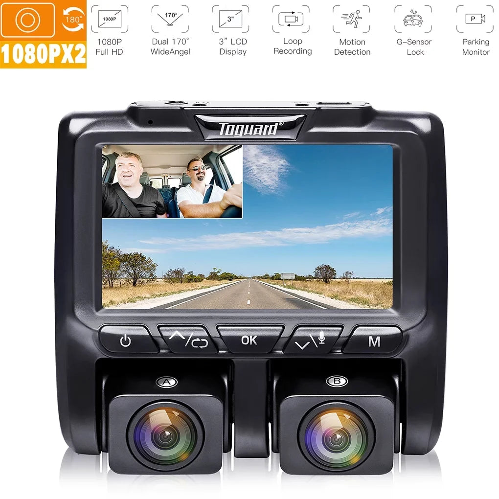 Full Dash TOGUARD Black HD LCD Camera 3" and Car Dashboard Dual Dash Cams 1080P+1080P Inside Camera Cam, Front