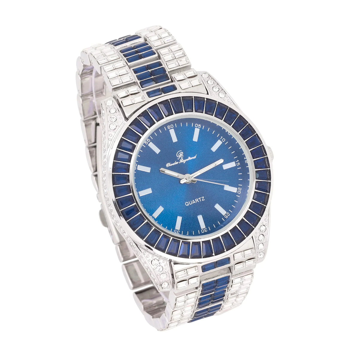 Watch on and Bust Down The Wrist with Lotta of The Ivoryst and Colorful Crysal Clear Flawless Baquettes! Newest Bling'ed Out Charles Raymond Timepiece - SizeT10377Size Jet Blue