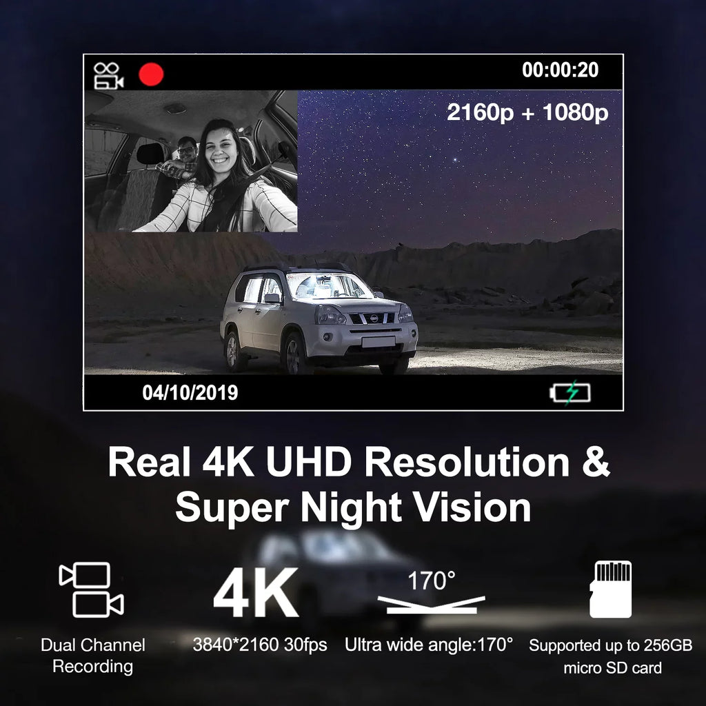 Dash Cam w/ 4K 1080p Wi-Fi, Front V5C Capabilities, Cabin and & Modular GPS Camera