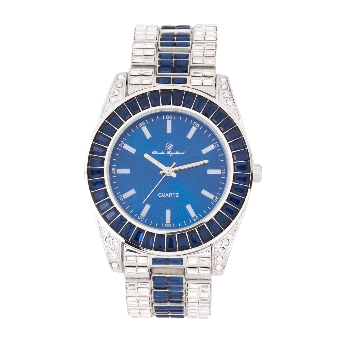 Watch on and Bust Down The Wrist with Lotta of The Ivoryst and Colorful Crysal Clear Flawless Baquettes! Newest Bling'ed Out Charles Raymond Timepiece - SizeT10377Size Jet Blue