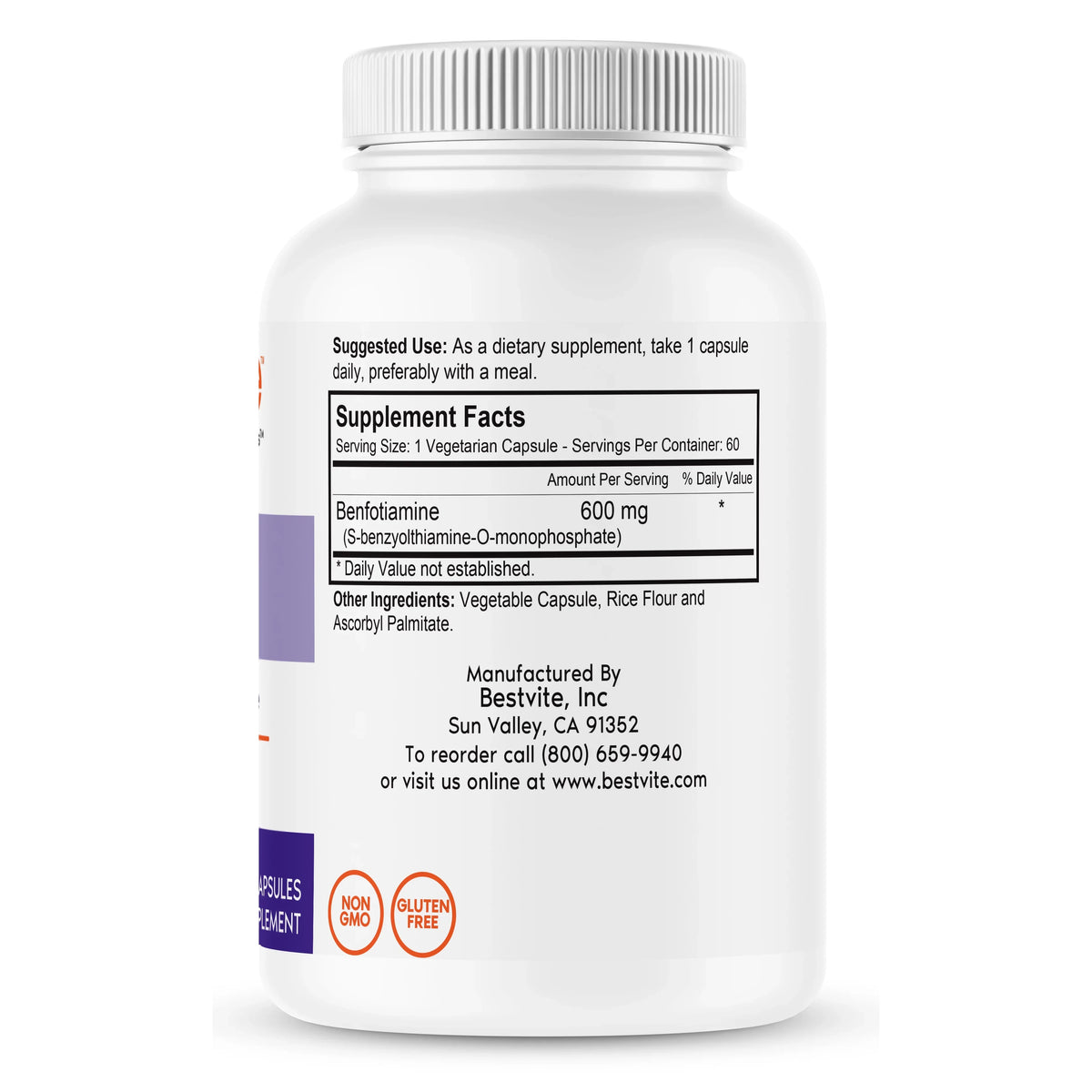 per Vegetarian Non Gluten Free GMO Dioxide Stearates - No Ultra Vegan Benfotiamine - - Capsule - - 600mg Capsules) Maximum No (60 Strength Silicon Benfotiamine BESTVITE
