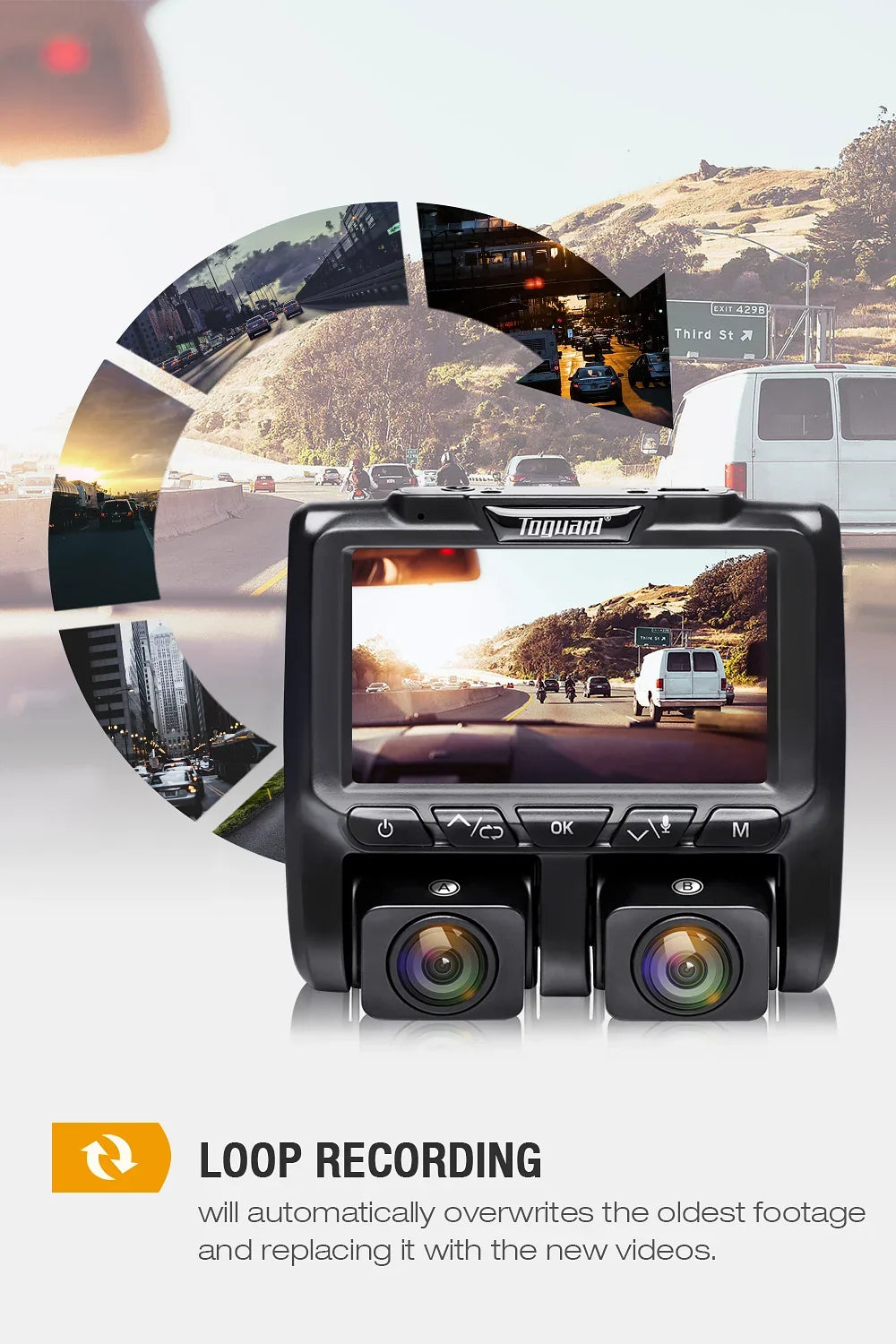 Full Dash TOGUARD Black HD LCD Camera 3" and Car Dashboard Dual Dash Cams 1080P+1080P Inside Camera Cam, Front