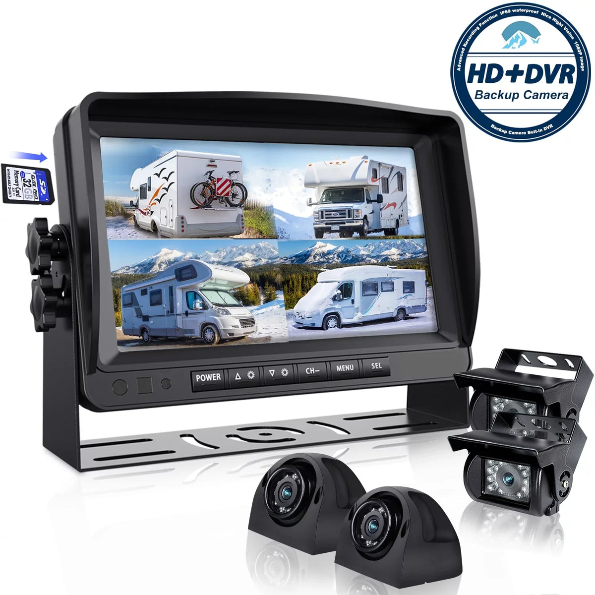 with for Function System Advanced Backup Monitor, RV View Side A9 Quad eRapta Rear and HD 4 Record Backup Large 9’’ Split Camera Car camera Box Camera RV Trailer Screens IP69 Waterproof DVR Truck