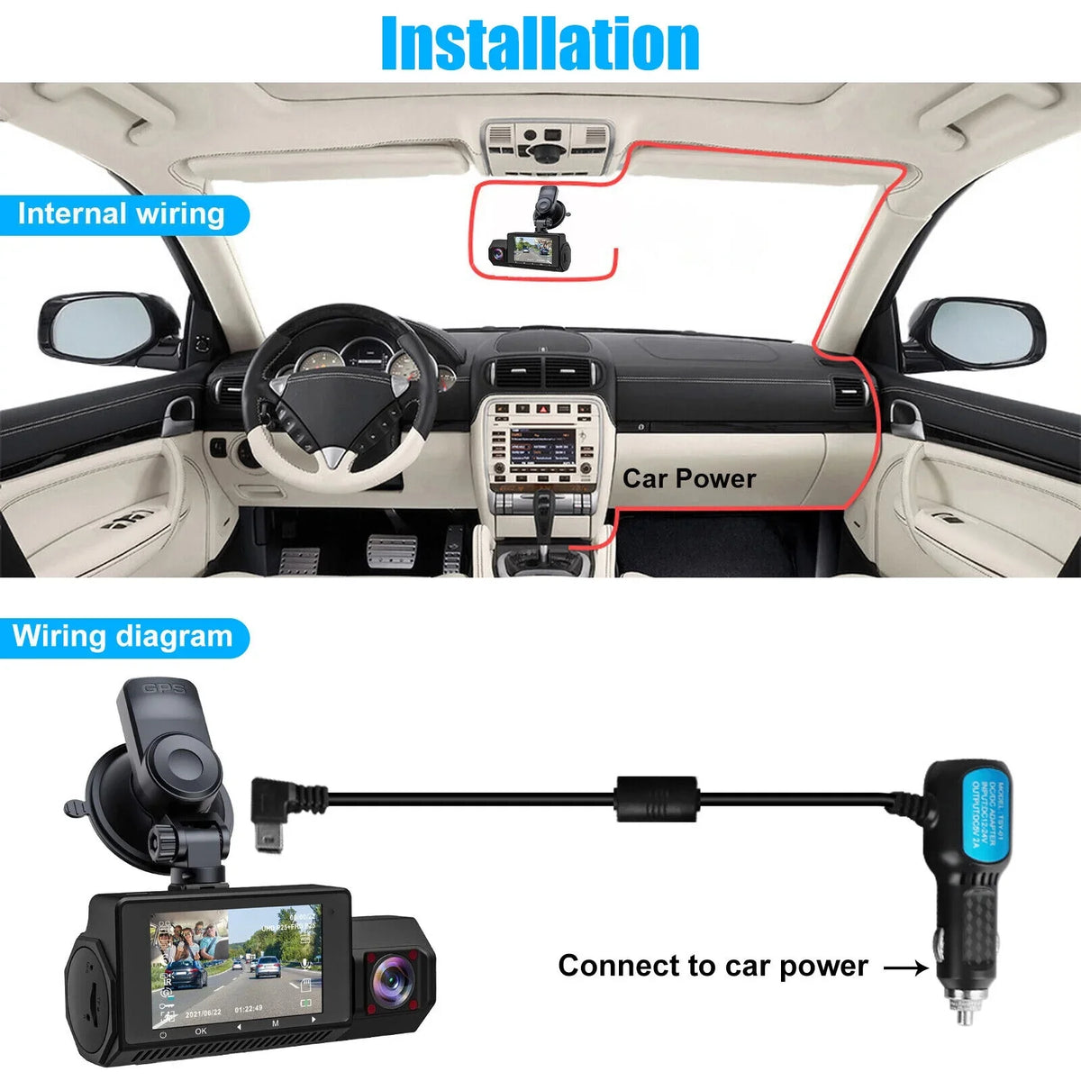 Car Front Dash Recorder UHD Dual Vision DVR GPS Cam 1080P Inside Night 4K Camera