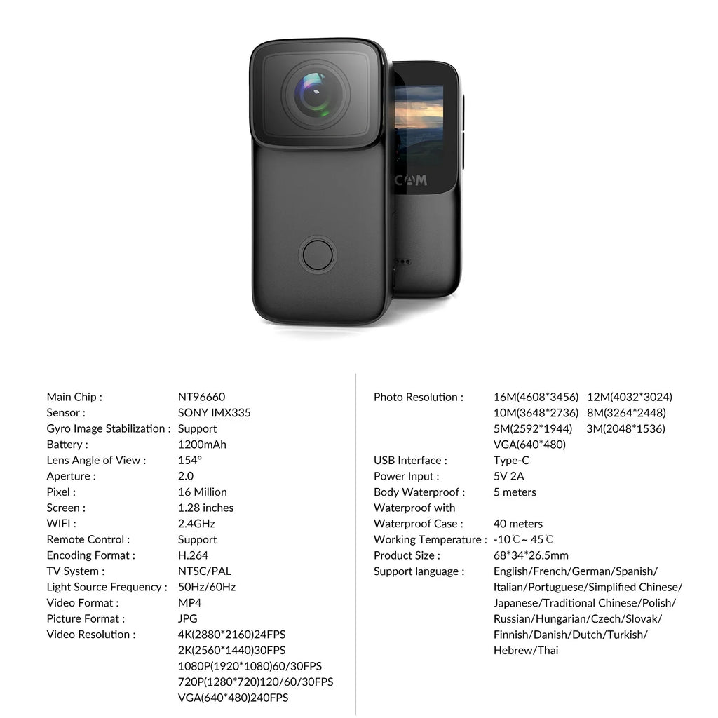 Face IPS Built-in 1.28 WiFi Supports Anti-Shake with 5M Action Recognition C200 Camera Mini 4K SJCAM Battery Vision Screen 6-Axis Night Body Inch Rechargeable Waterproof