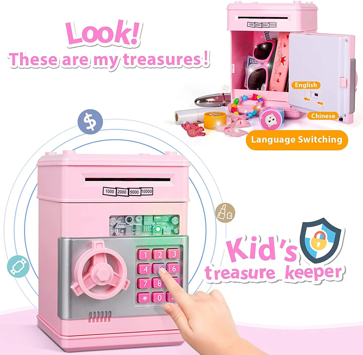 Gifts Digital (Pink/Silver) Money Kids Money ATM ATM Savings Real Kids Coin Password Saving Bank Cash for Piggy Girls Toy Boys Bank Mini Electronic Box Adult Savings Safe Machine