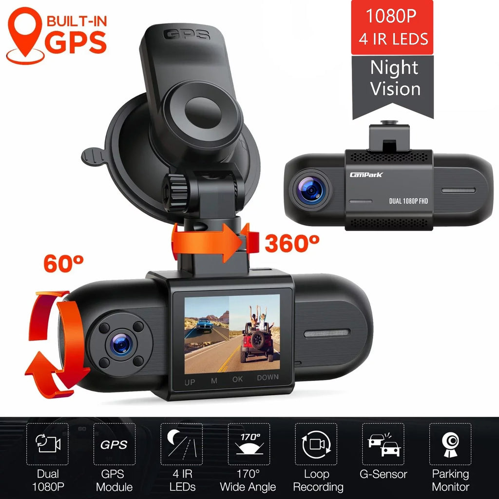 24H Dash and WDR Angle, Wide with Parking 170° Cars 1080 Loop Dash Front Campark Dual 1.5" Camera, for Camera Night Inside, Monitor Car Cam Vision, GPS Recording,