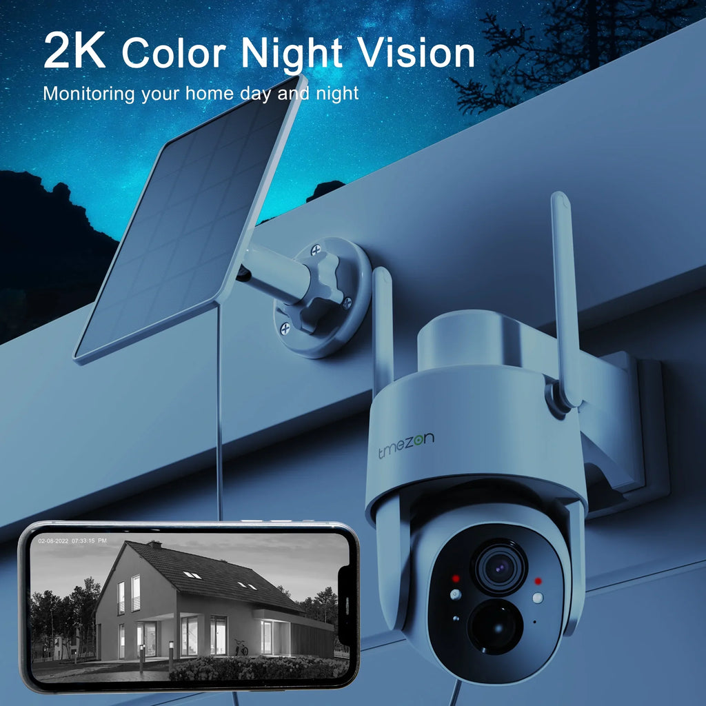 , Wireless Control, exterior Camera Night Vision,IP66 Surveillance TMEZON for Security Camera Waterproof 2K Smart Solor PTZ Powered Wireless, Home WiFi
