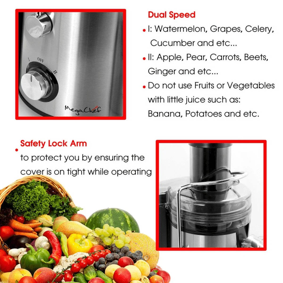 Juicer, With Silver Centrifugal Wide-Mouth Dual-Speed Juice Machine Megachef