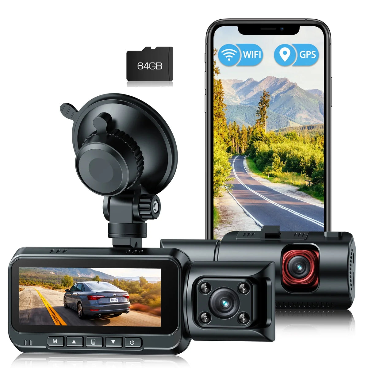 WiFi Vision Card Car GPS TOGUARD IR Cam, UHD Camera and Night Inside 4K Dash Dash Camera with Front 64GB
