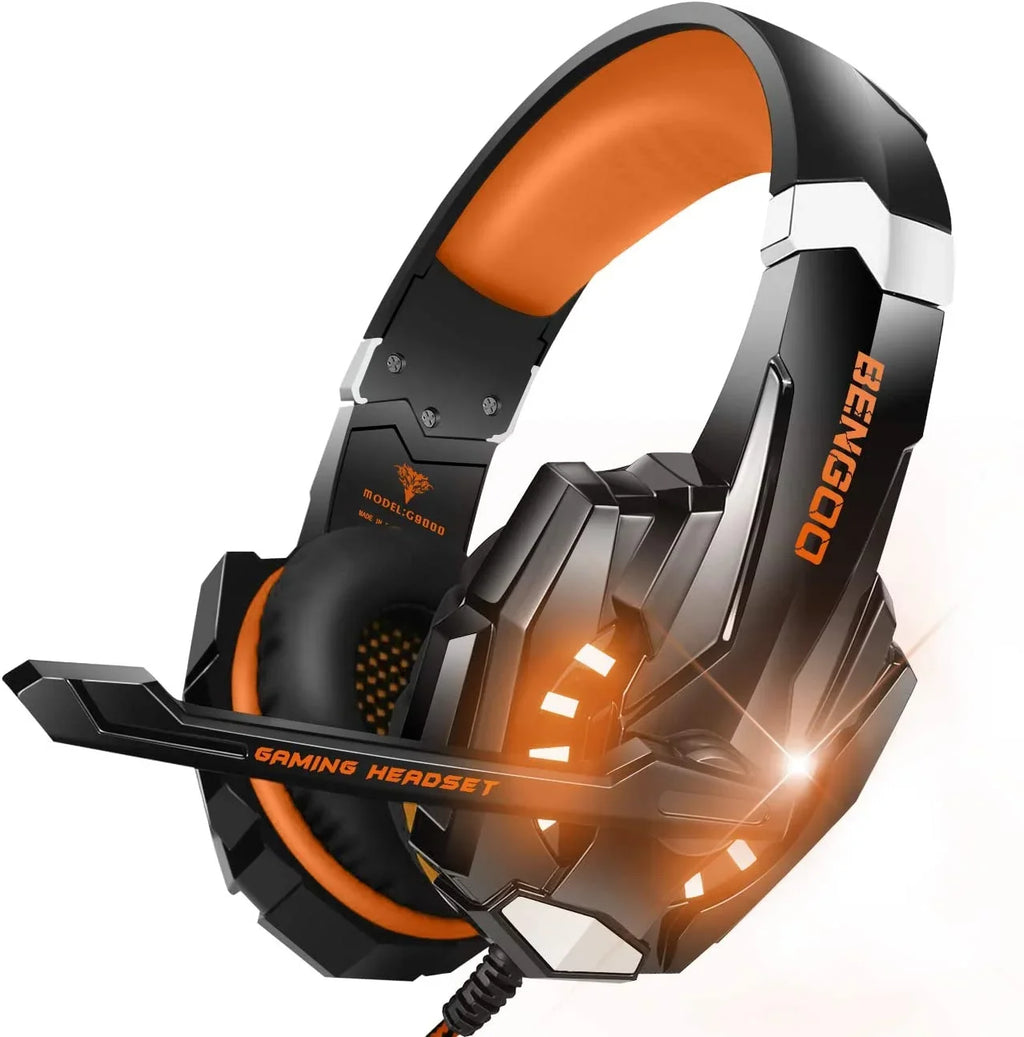 Over One Soft Bass Gaming Xbox PC, for Memory with G9000 Cancelling Noise Mic, Headset Controller, Surround, PS4, Headphones Ear Earmuffs Light, LED Stereo (Orange) BENGOO