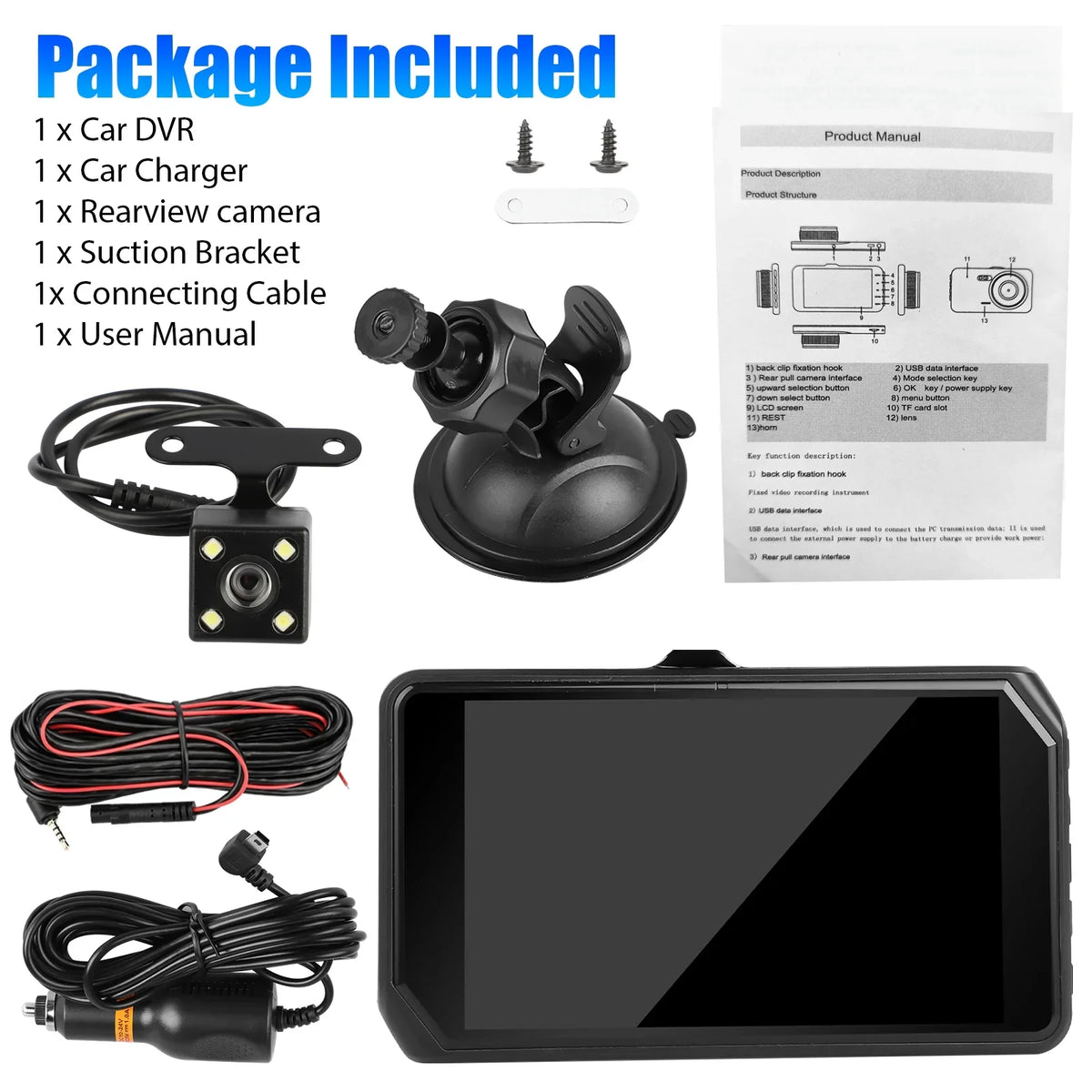 Night Wide Vision, Car 1080P Driving with Angle, Dual Dashboard with and Dash 170° G-Sensor/ Cam, Recorder DVR Dual Dash IPS 480P Car Lens Camera Detection Motion EEEkit Front Rear 4inch Display,