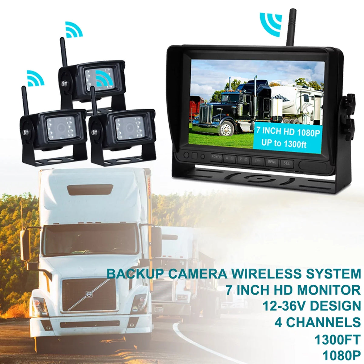 Kit 1080P for Camera 7" Truck Rear Trailer 3CH Wireless Backup View Display AHD