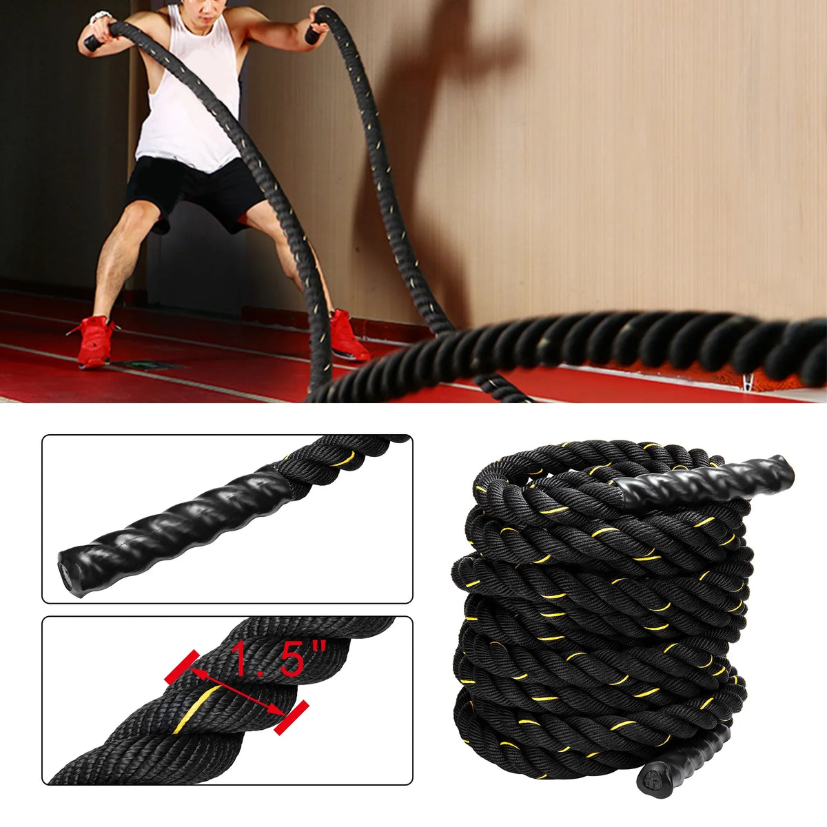 1.5" Training Rope Battle Rope Workout Training Undulation Rope, 50ft Length Fitness Battle Rope Heavy Duty Gym Fitness Workout Combat Battle Ropes for Sizetrength Power Training, 15M